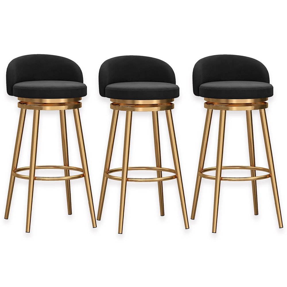 Guyifuny Swivel Bar Stools - Set of 3 for Kitchen Counter, Tall Barstools Velvet Kitchen Island Chair, Gold Metal Footrest, 150kg Bear Capacity
