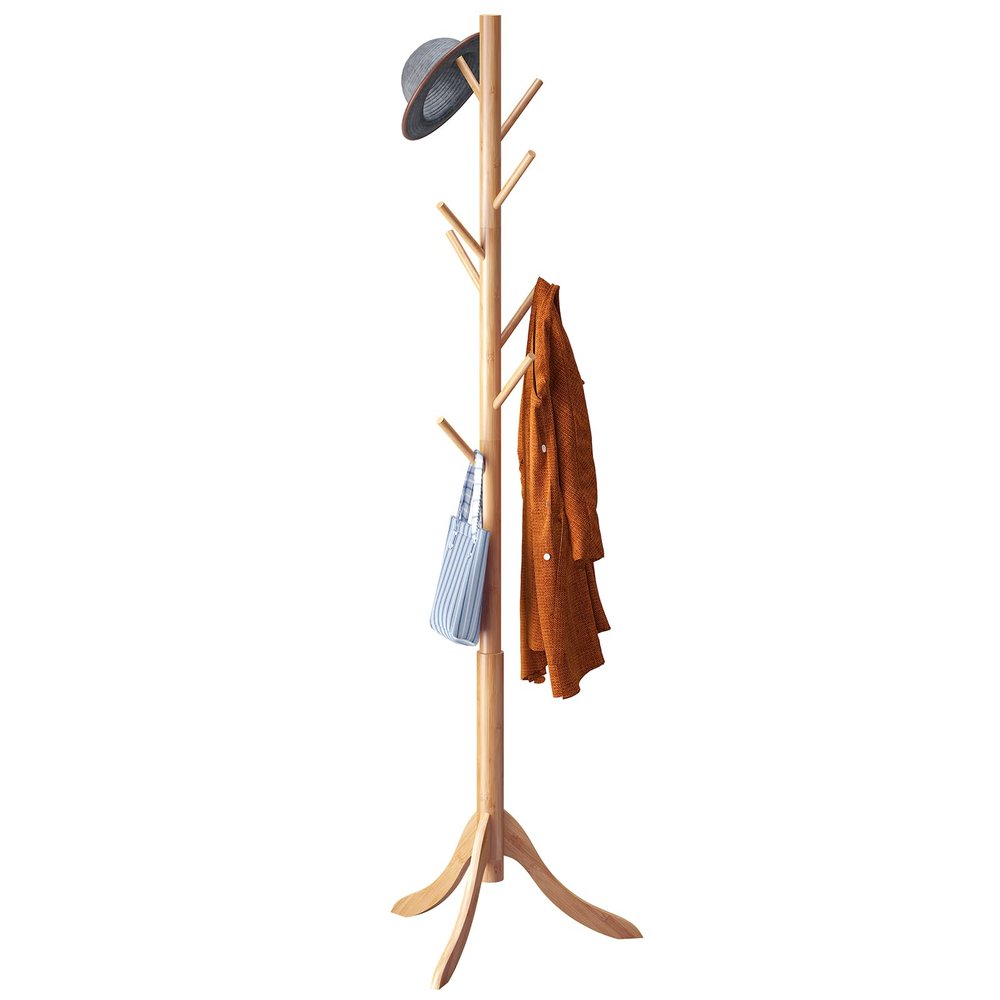 Furshus Coat Rack Freestanding, Coat Stands Entryway, Bamboo Coat Rack Hat Hanger 8 Hook for Jacket, Purse, Scarf Rack, Umbrella Tree Stand (Natural)
