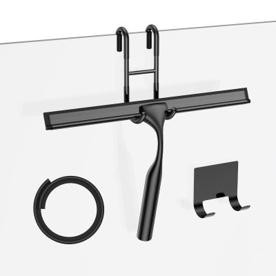 Shower Squeegee for Glass Doors, 10-Inch Stainless Steel Squeegee Bathroom Doors Mirror Car Windows with Matching Hooks Holder and Replacement Blade (Black)