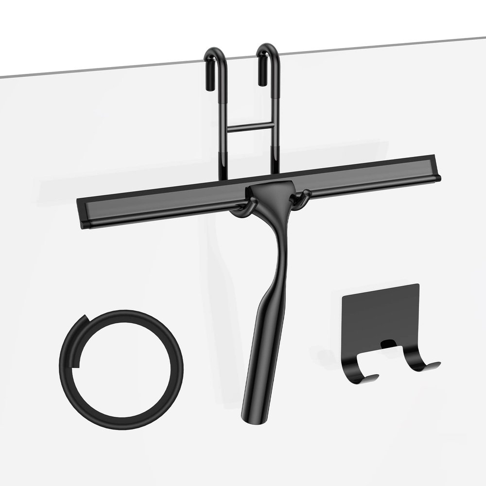 Shower Squeegee for Glass Doors, 10-Inch Stainless Steel Squeegee Bathroom Doors Mirror Car Windows with Matching Hooks Holder and Replacement Blade (Black)
