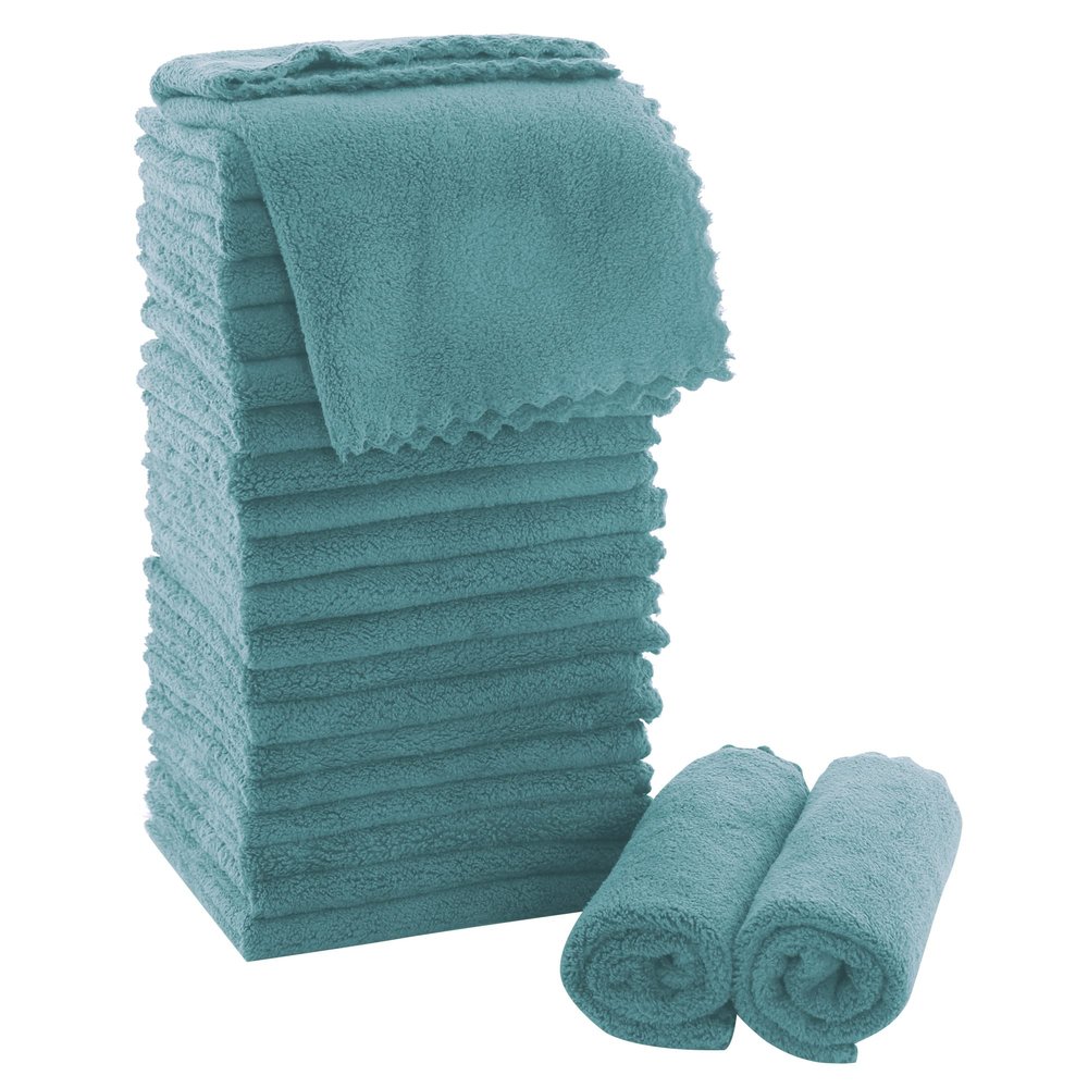 MOONQUEEN Ultra Soft Premium Washcloths Set - 12 x 12 inches - 24 Pack - Quick Drying - Highly Absorbent Coral Velvet Bathroom Wash Clothes - Use as Bath, Spa, Facial, Fingertip Towel (Teal)
