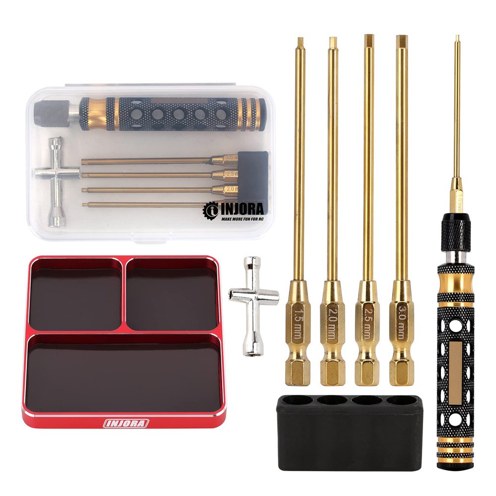 INJORA RC Repair Tool Hex Screwdriver 4 in 1- Allen Wrenches Set with Magnetic Screw Tray for 1/10 1/8 RC Car Model Crawler Upgrade Parts(Red)