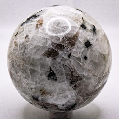 2.6" Rainbow Moonstone w/Quartz & Tourmaline Inclusions Sphere Polished Natural Sparkling Gemstone Crystal Mineral Feldspar Specimen Ball - India + Stand