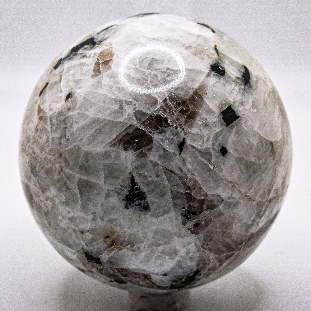 2.6" Rainbow Moonstone w/Quartz & Tourmaline Inclusions Sphere Polished Natural Sparkling Gemstone Crystal Mineral Feldspar Specimen Ball - India + Stand