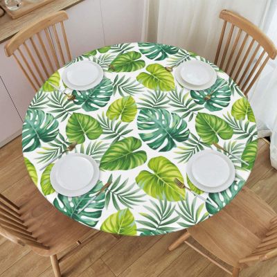 AIMASTZ Elastic Edged Round Fitted Green Tropical Palm Leaves Table Cloth Cover for Indoor Outdoor Kitchen Party, Waterproof Wipeable Tablecloth for 45"- 50" Tables,Medium