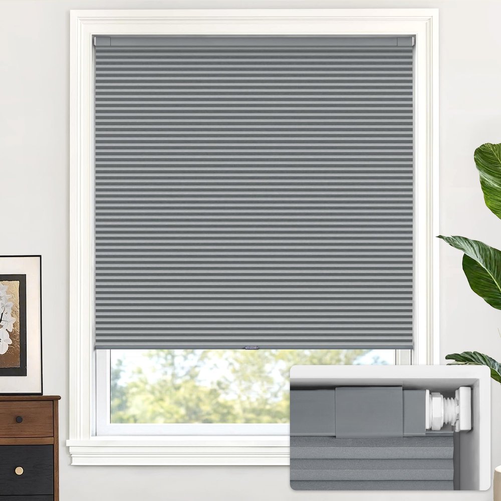 LazBlinds Cordless Cellular Shades, No Tools No Drill Blackout Honeycomb Shades Pleated Blinds for Windows, 33 1/2" W x 64" H, Dark Grey