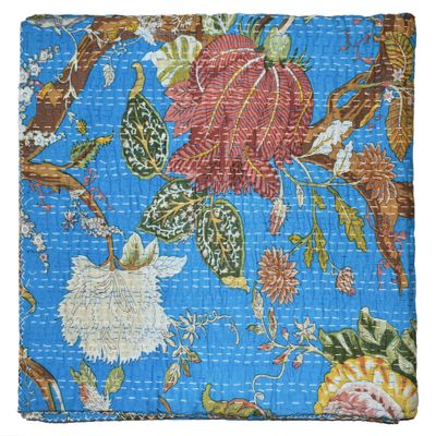 Handicrafts Plus Handmade Kantha Throw Cotton Bedcover Indian Blanket Floral Print Turquoise Blue Quilt Decorative Coverlet Hobo Bedcover