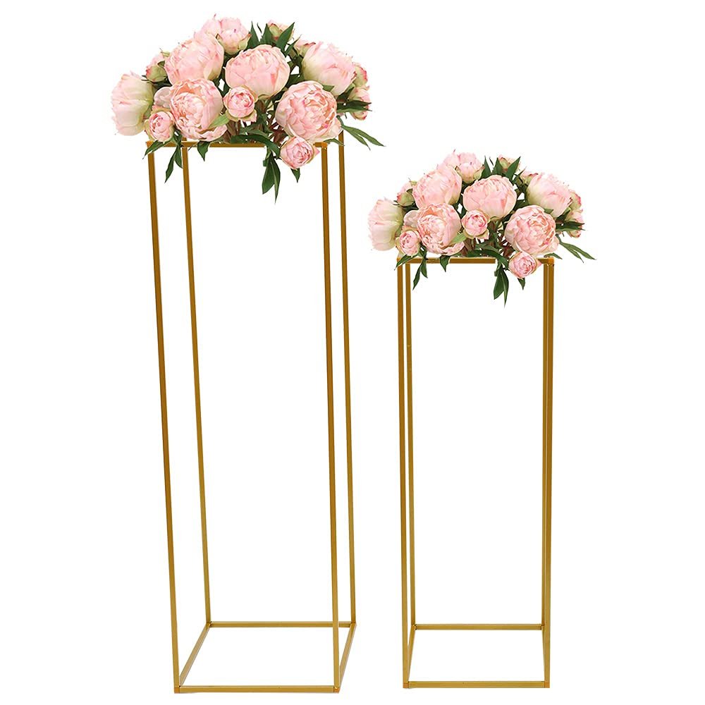2Pcs Metal Flower Floor Vase Column Flower Stand Geometric Centerpieces Vase for Home Party Wedding Table Decoration Supply Gold,Rectangular Flower Display Rack