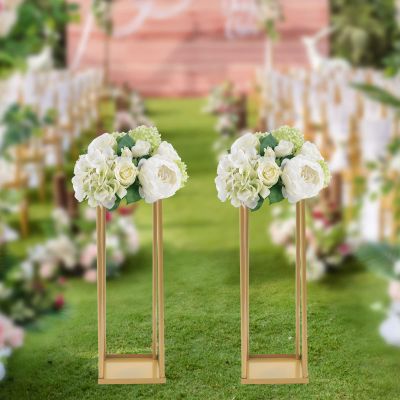 2Pcs Gold Metal Flower Floor Vase Column Flower Stand Geometric Centerpieces Vase for Home Party Hotel Wedding Table Decoration Supply 23.6x7.9x7.9 inch