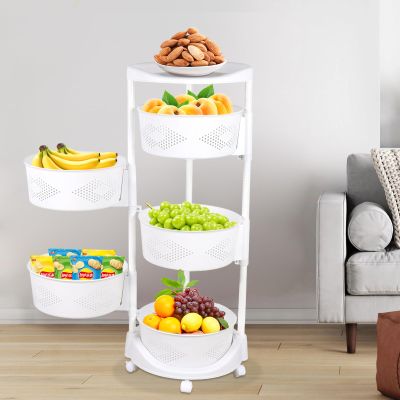 AKaSping 5 Tier Kitchen Storage Rack with Wheels 180 Rotating Storage Shelf Household Floor-Standing Movable Storage Rack for Kitchen Bathroom Living Room Storage Vegetable Fruit Snack