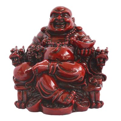 Addune Feng Shui Chinese Laughing Buddha Sitting on Dragon Chair Sculpture Handicrafts Resin Wealth Happy Lucky Statue for Home Decoration Gift (Resin, Red)