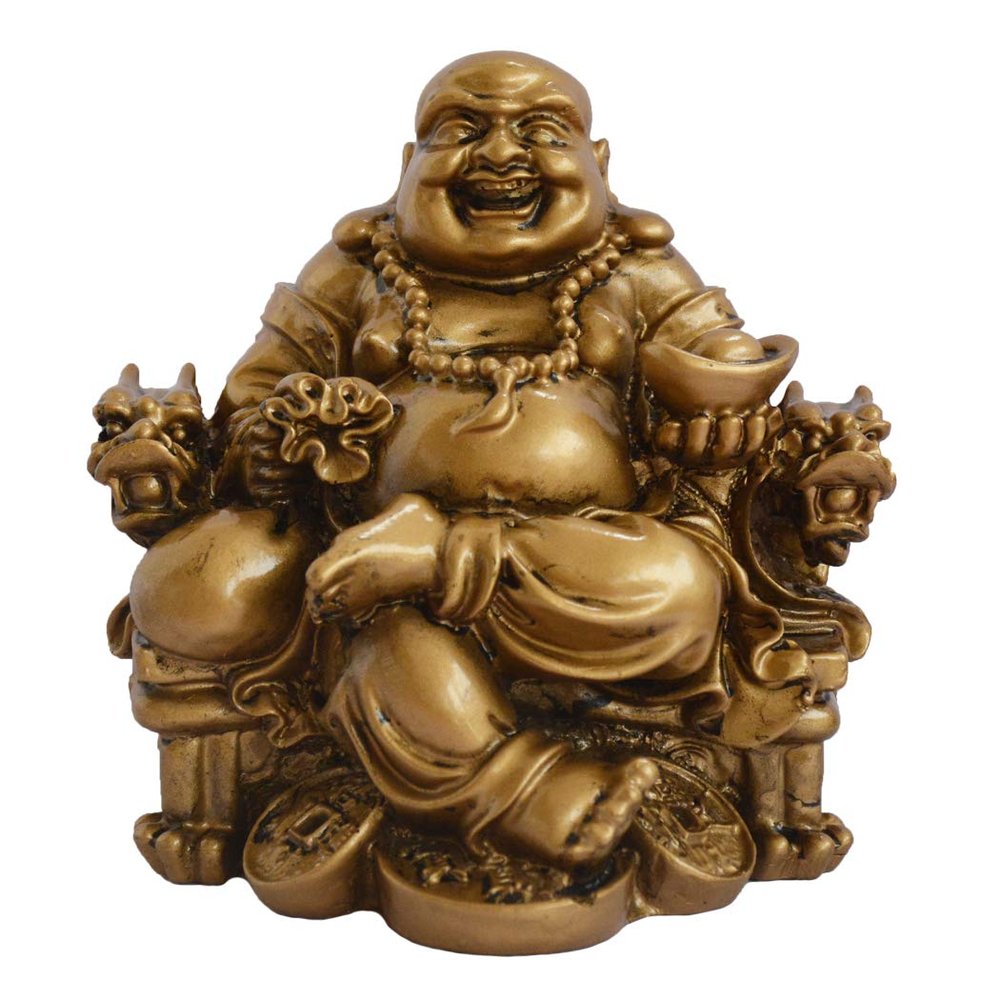 Addune Feng Shui Chinese Laughing Buddha Sitting on Dragon Chair Sculpture Handicrafts Resin Wealth Happy Lucky Statue for Home Decoration Gift (Resin, Gold)