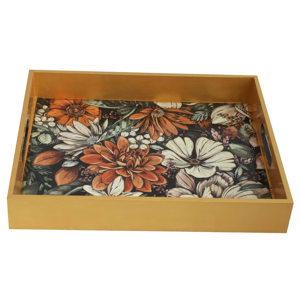 Indian Hand-Crafted Wooden Decoupage Black Floral Serving Tray, Decorative Tray for Kitchen Dining Room Table Office House-Warming Gift, Jewelry Organizer, Knick-Knack Breakfast Tray by INDIADECOR