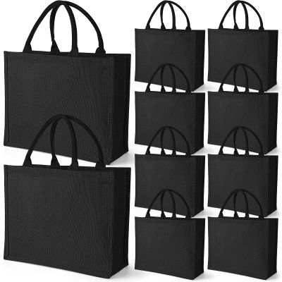 10 Pack Black Burlap Tote Wedding Jute Gift Bags with Handles - Large Reusable Shopping Tote Kitchen Reusable Grocery Bags for Bridesmaid DIY Craft - 15.35 x 5.91 x 12.2 Inch