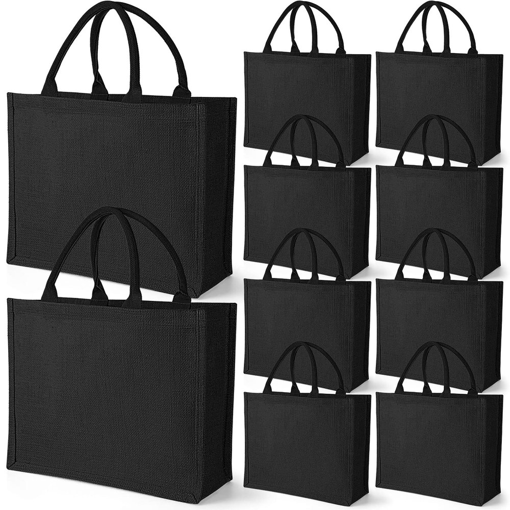 10 Pack Black Burlap Tote Wedding Jute Gift Bags with Handles - Large Reusable Shopping Tote Kitchen Reusable Grocery Bags for Bridesmaid DIY Craft - 15.35 x 5.91 x 12.2 Inch
