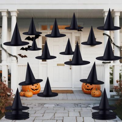 ZeeDix 24 Pcs Halloween Witch Hats Hanging Decor Indoor, Black Floating Witches Hat with 98 Ft Hanging Rope, Wizard Costume Accessories for Kids Outdoor Halloween Decorations for Home Yard Porch