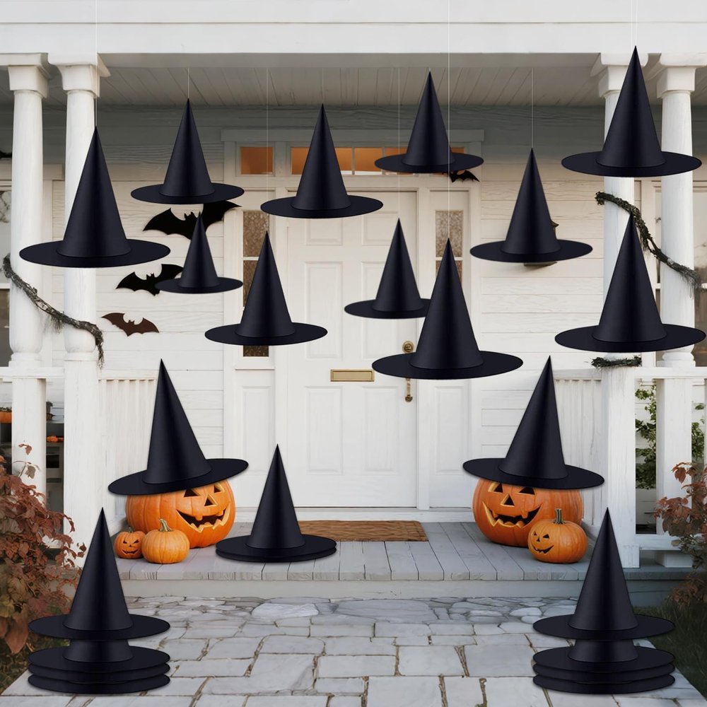 ZeeDix 24 Pcs Halloween Witch Hats Hanging Decor Indoor, Black Floating Witches Hat with 98 Ft Hanging Rope, Wizard Costume Accessories for Kids Outdoor Halloween Decorations for Home Yard Porch