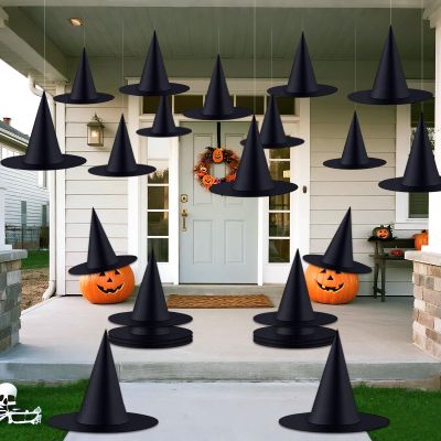 ZeeDix 24Pcs Halloween Witch Hats, Black Hanging Witches Hat with 98 Ft Hanging Rope, Halloween Costume Accessories Party Decoration