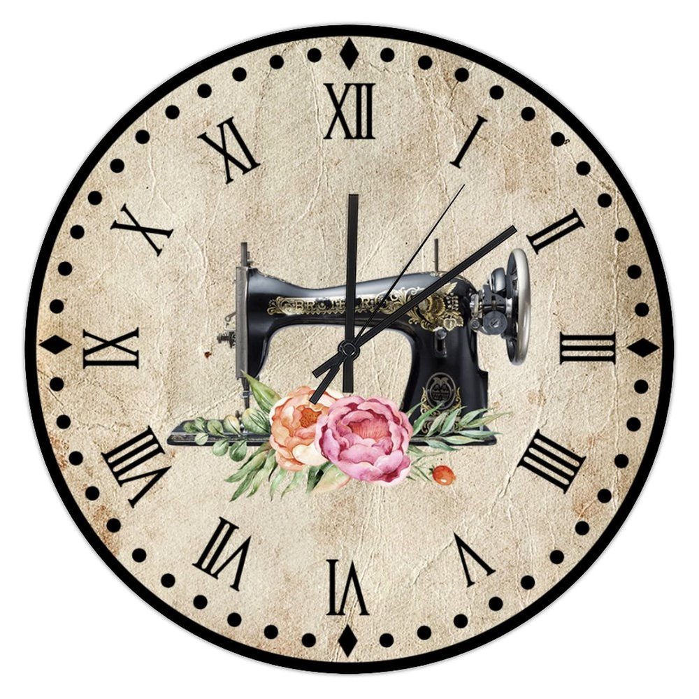 UFunhome 10-Inch Wall Clocks Elegant Blush Grey Sewing Machine Floral Round Battery Operated Retro Wooden Clocks Silent Non Ticking Roman Numeral Wall Decor for Farmhouse Kitchen Bedroom Bathroom