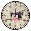 UFunhome 10-Inch Wall Clocks Elegant Blush Grey Sewing Machine Floral Round Battery Operated Retro Wooden Clocks Silent Non Ticking Roman Numeral Wall Decor for Farmhouse Kitchen Bedroom Bathroom view 1