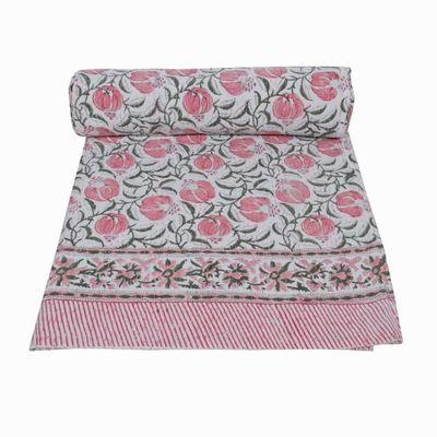 V Vedant Designs Indian Kantha Quilt Block Printed Kantha Blanket Cotton Kantha Bedspread Handmade Coverlet Throw Queen & Twin Size Kantha Bedcover (Pink, Queen(90x108))