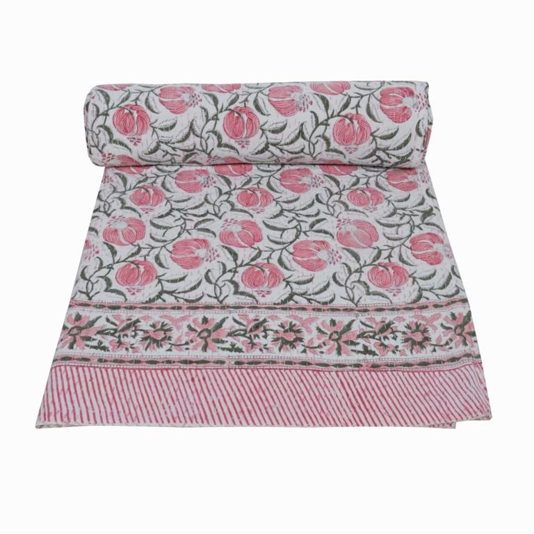 V Vedant Designs Indian Kantha Quilt Block Printed Kantha Blanket Cotton Kantha Bedspread Handmade Coverlet Throw Queen & Twin Size Kantha Bedcover (Pink, Queen(90x108))