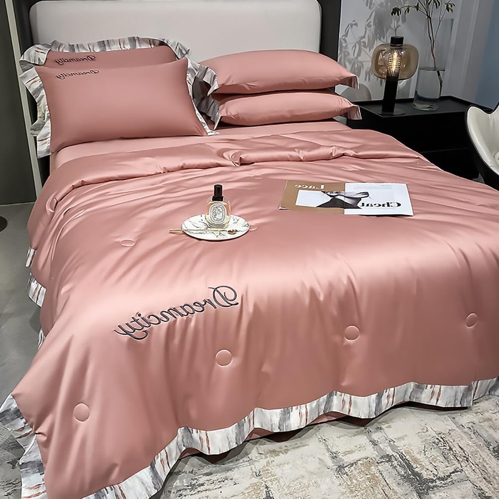 Cooling Blankets for Hot Sleepers, 4 Piece Cool Like Ice Cream Lightweight Blanket for Summer with Double Side Cold, Cooling Comforter, Quilt, Fabric for Bed, Twin Size Throw Blanket,Pink,200x230cm