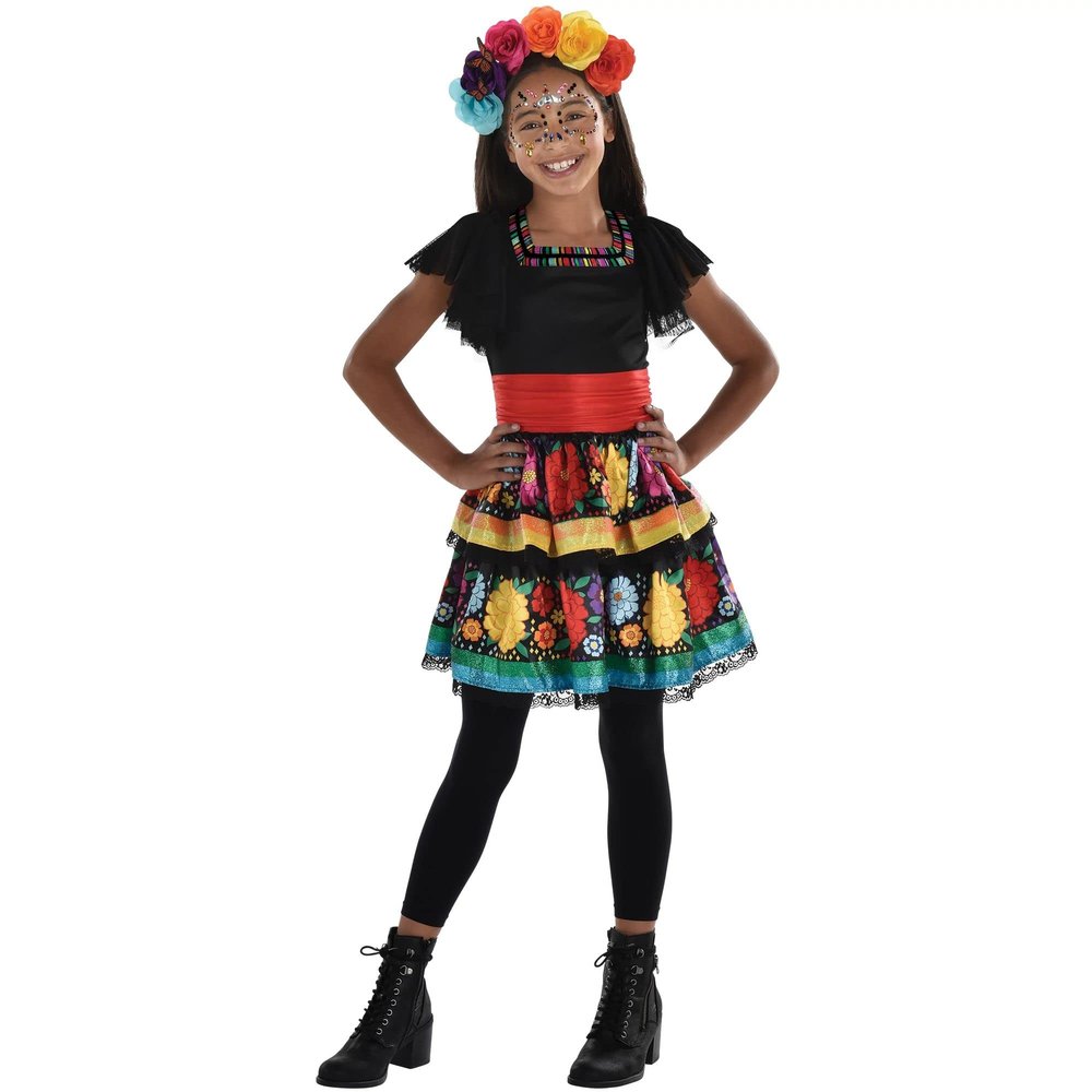 Rainbow Day Of The Dead Costume Set - Small (4-6) - Includes Dress & Headband, Perfect For Halloween Or Dia de Los Muertos Party - 1 Set