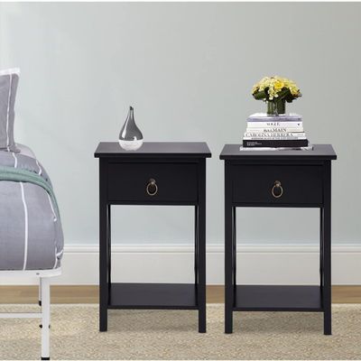 Naomi Home Wooden Nightstand Set of 2  Modern Bedside Tables with Drawer & Open Storage Shelf, Compact End Tables for Bedroom, Living Room, Black