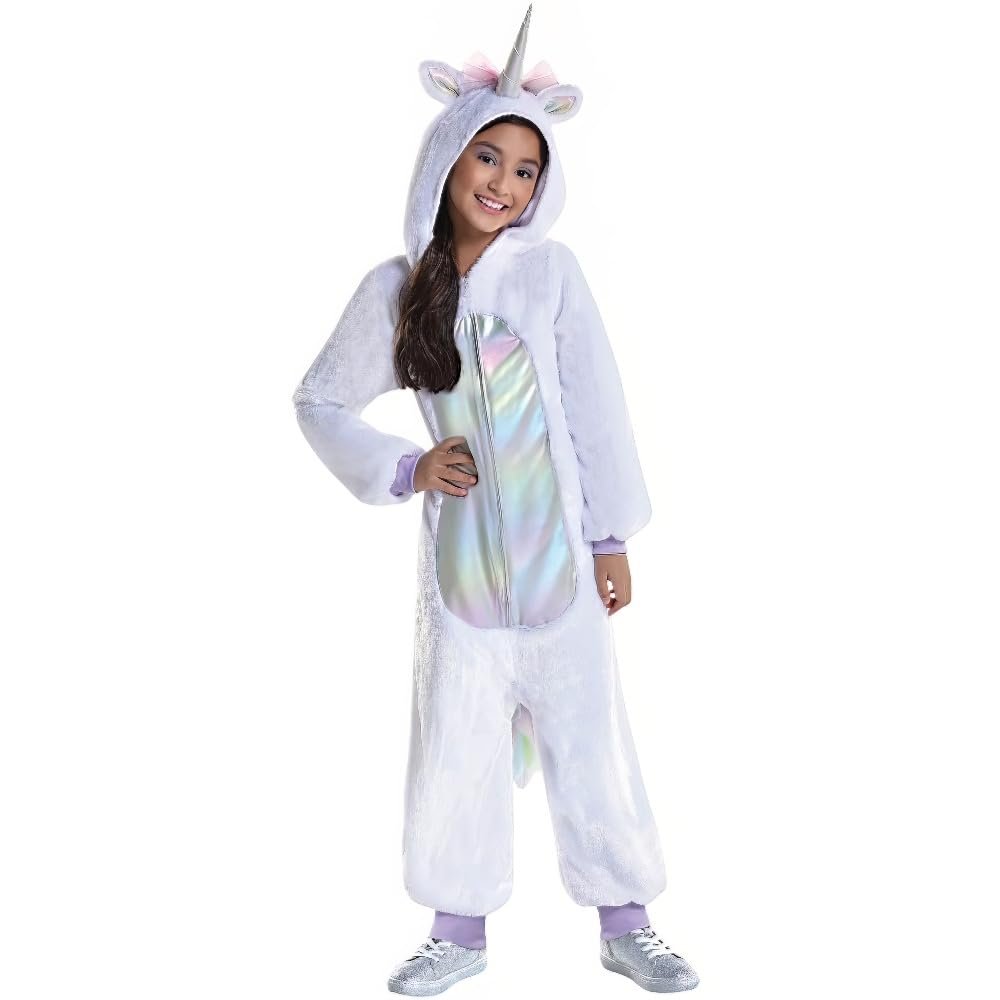 Amscan Rainbow Unicorn Zipster - Medium (8-10) 1 Count - White Jumpsuit - Perfect for Parties & Dress Up Fun