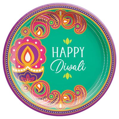 Round Plates, 7" (Pack of 8) - Premium Quality & Eco-Friendly Plates, Perfect for Festive Celebrations, Rangoli Dream "Happy Diwali", Multicolor