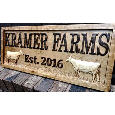 Personalized Farm Sign | Custom Farmhouse Decor | Wooden Farmer Gift | Wood Wall Family Name Sign | Established Cow Sign | Carved Farmhouse Sign | Cattle Decor | Outdoor Farm Sign