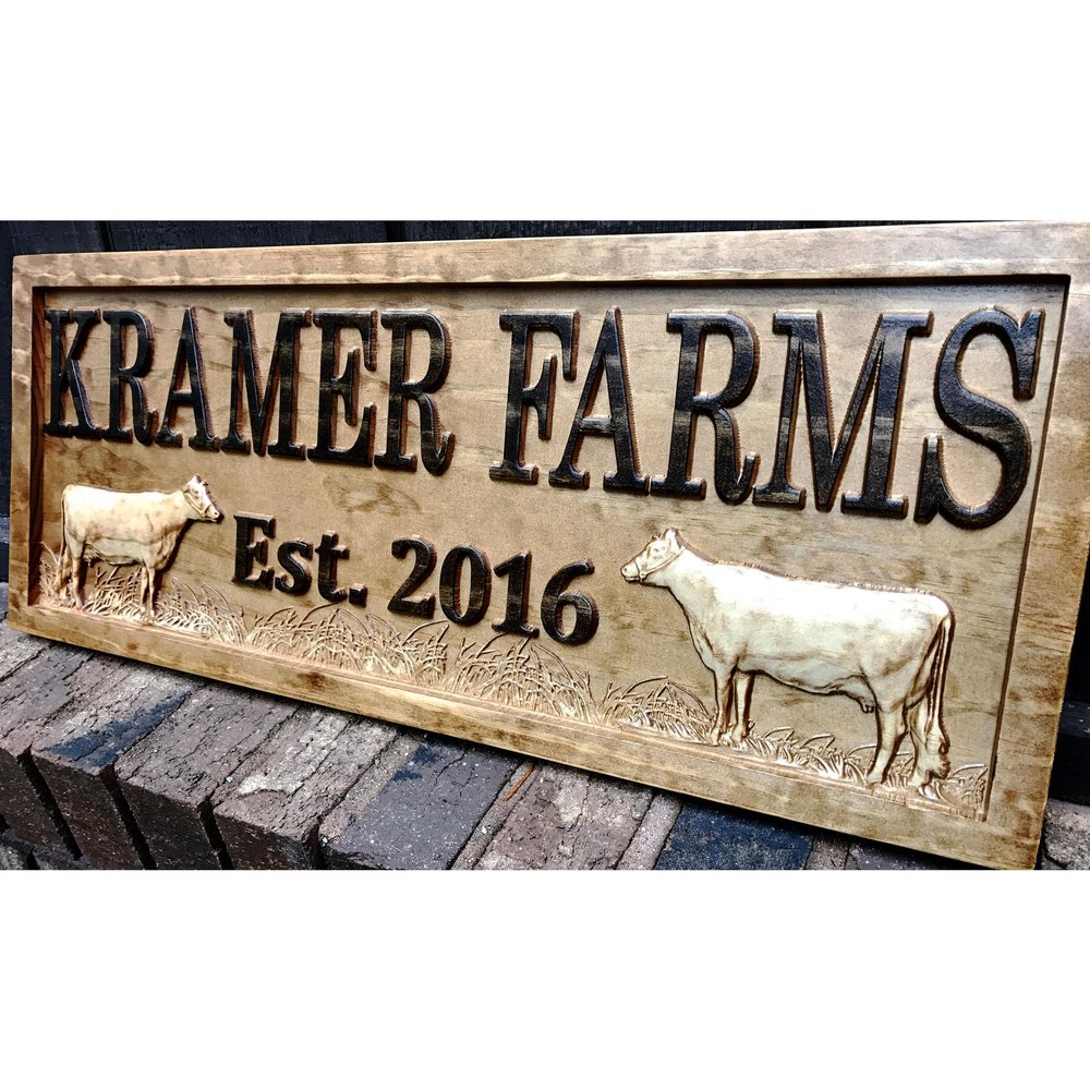 Personalized Farm Sign | Custom Farmhouse Decor | Wooden Farmer Gift | Wood Wall Family Name Sign | Established Cow Sign | Carved Farmhouse Sign | Cattle Decor | Outdoor Farm Sign