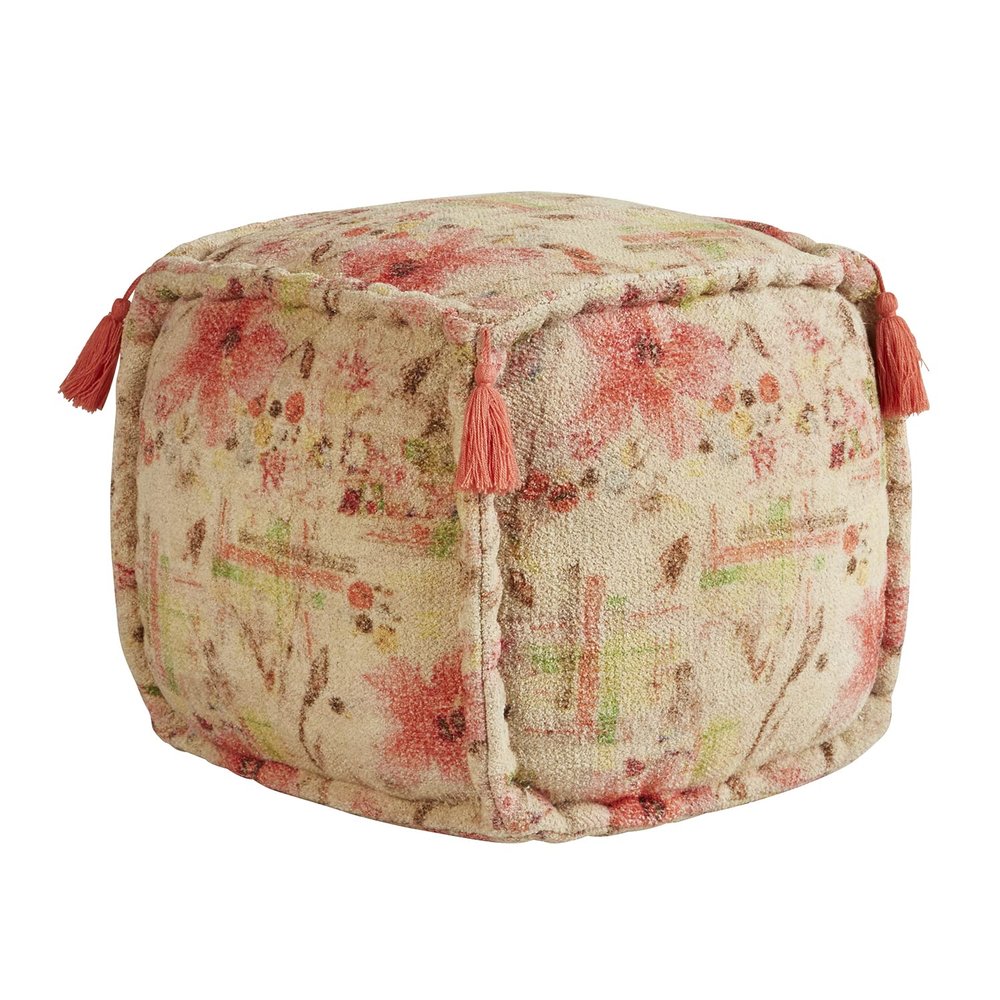 47th & Main Square Boho Tasseled Fabric Foot Stool Ottoman Pouf, 16" x 16", Floral Print