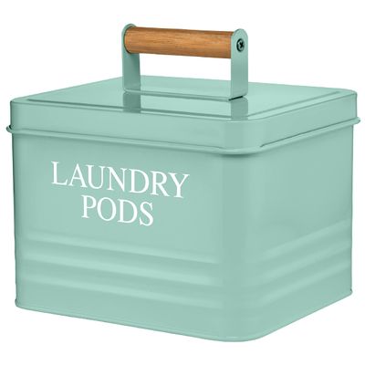 Calindiana Modern Farmhouse Metal Laundry Pods Holder Container with Lid for Laundry Room Decor and Accessories and Space Saving Organization and Storage, Holds 81 Laundry Pods, Mint