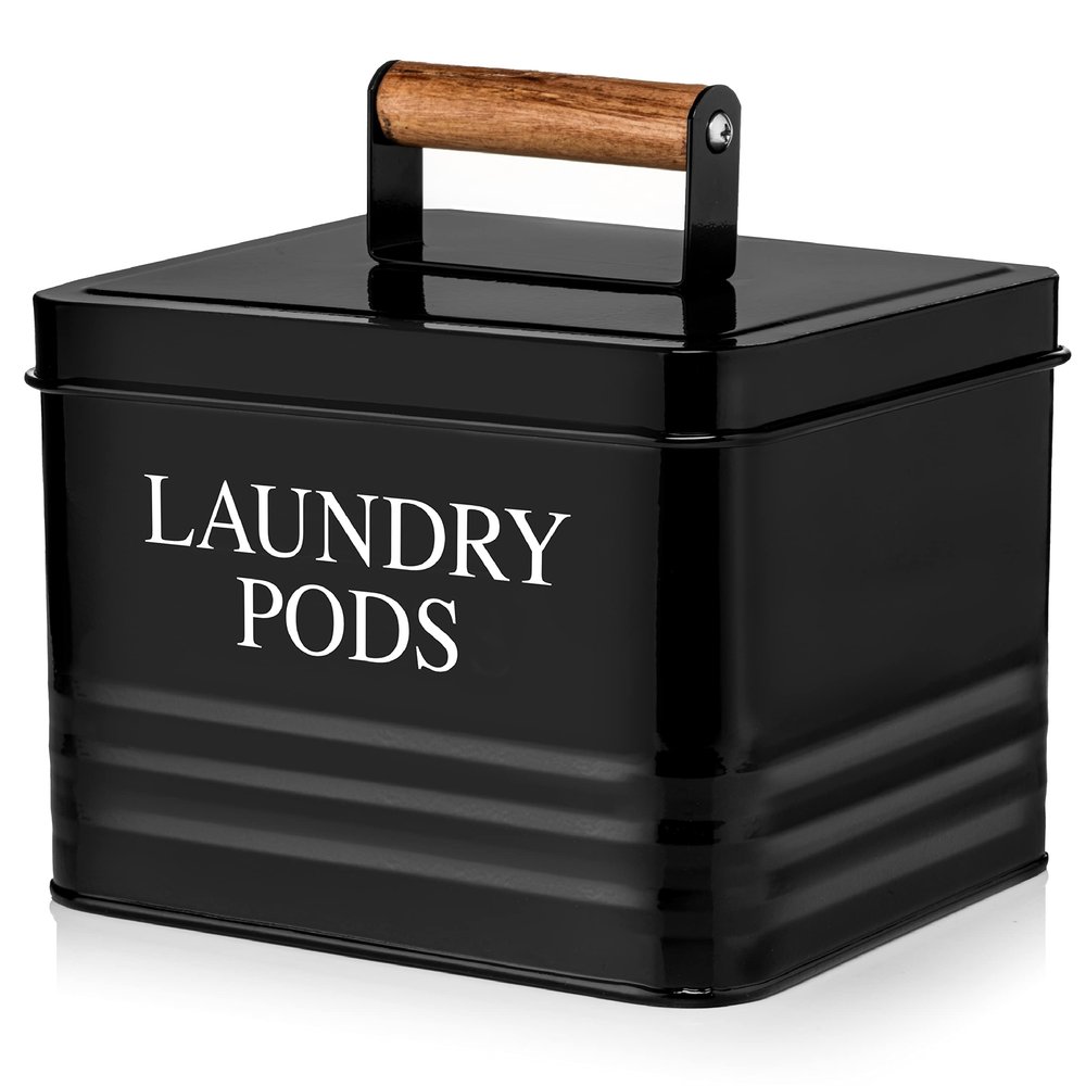 Calindiana Modern Farmhouse Metal Laundry Pods Holder with Lid - Space Saving Organization, Holds 81 Pods, Black