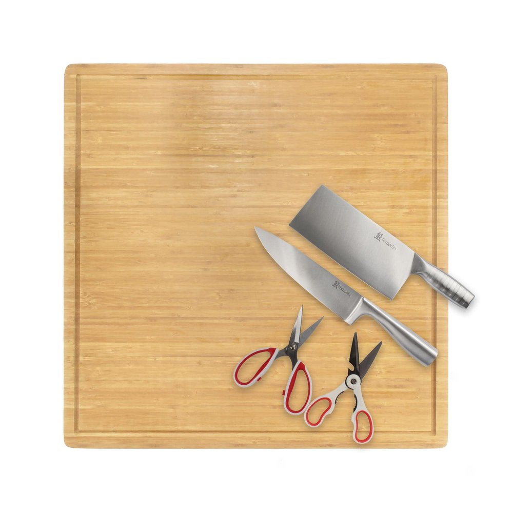 BambooMN Bamboo Burner Cover Cutting Board, 3-Ply, Extra Large Square, 24" x 24" x 0.75" - Grooved/Flat with Cleaver, Knife, and Kitchen Shears Set