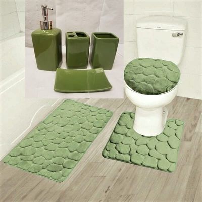 7 Pieces Luxury Bath Complete Rug Set and Solid Ceramic Bathroom Accessories New Innovate Rock Design (Sage Green)