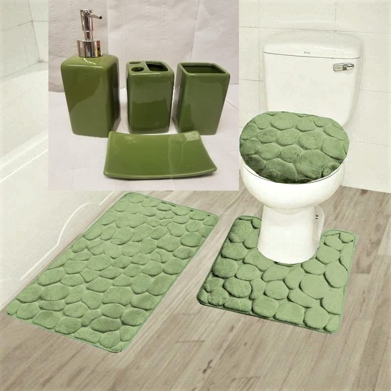 7 Pieces Luxury Bath Complete Rug Set and Solid Ceramic Bathroom Accessories New Innovate Rock Design (Sage Green)
