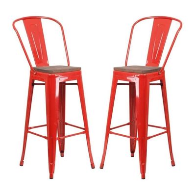 Home Square 30" Metal Bar Stool in Red and Wood Grain - Set of 2