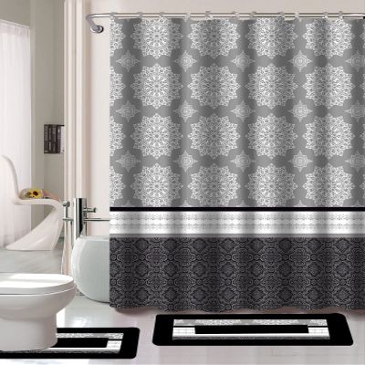 15 Piece Printed Bathroom Set Different Design and Colors Mandala, Stripe, Geometric, Paris, Zig Zag (Ryan Mandala Black)