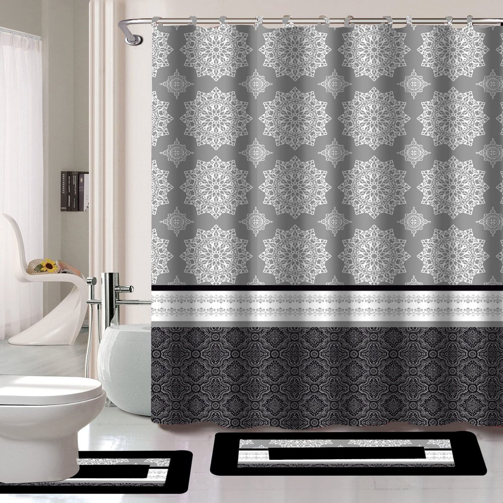 15 Piece Printed Bathroom Set Different Design and Colors Mandala, Stripe, Geometric, Paris, Zig Zag (Ryan Mandala Black)