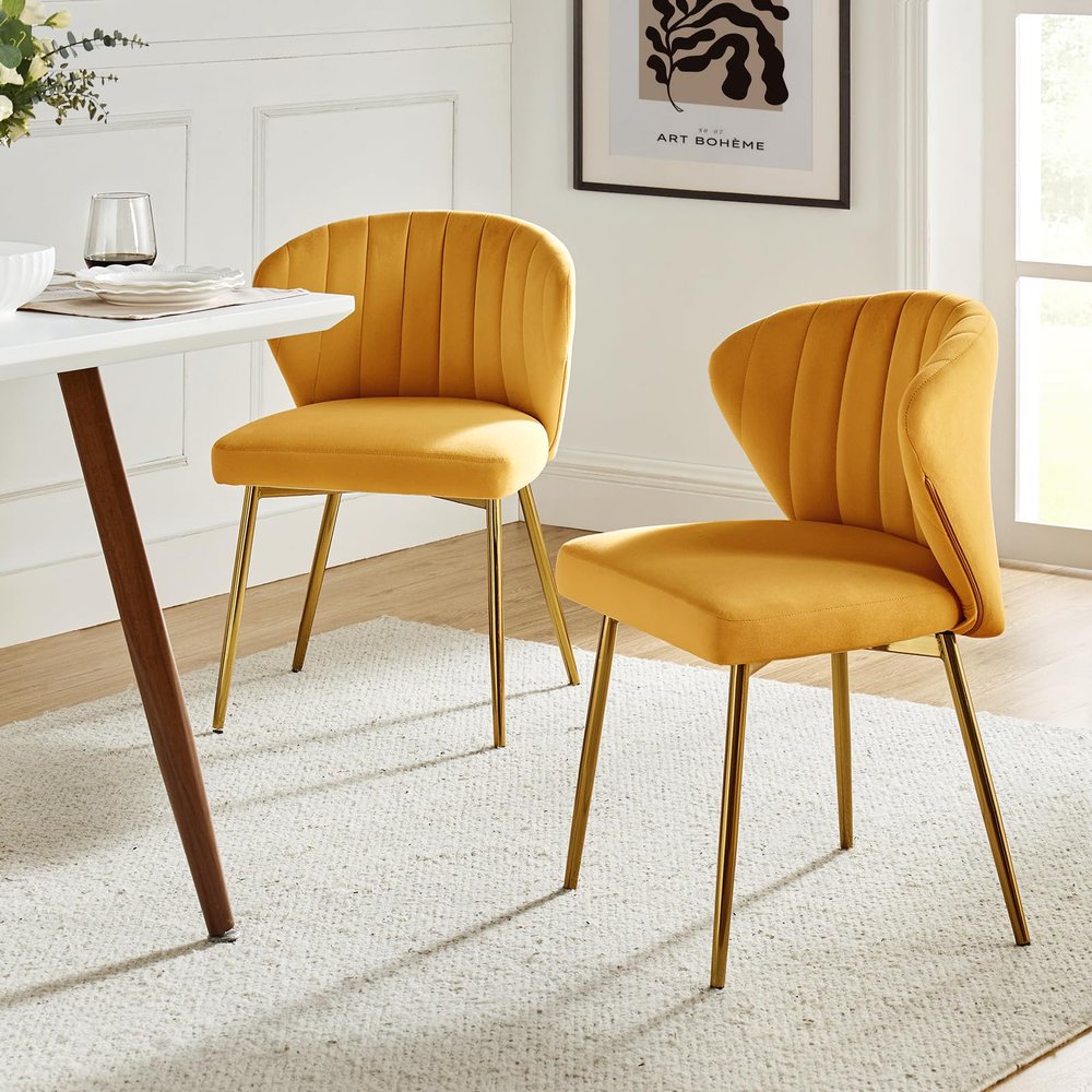 TINA'S HOME Accent Chairs Set of 2, Glam Velvet Side Chairs with Gold Legs, Mid-Century Upholstered Dining Chairs for Living Room, Kitchen, Bedroom, Beauty Room/Mustard