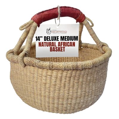 Africa Heartwood Project - Deluxe Medium Round Natural African Basket with Leather Handle - Classic Heartwood Bolga Market Basket from Women in Bolgatanga, Ghana - 14" Round Flat-packed