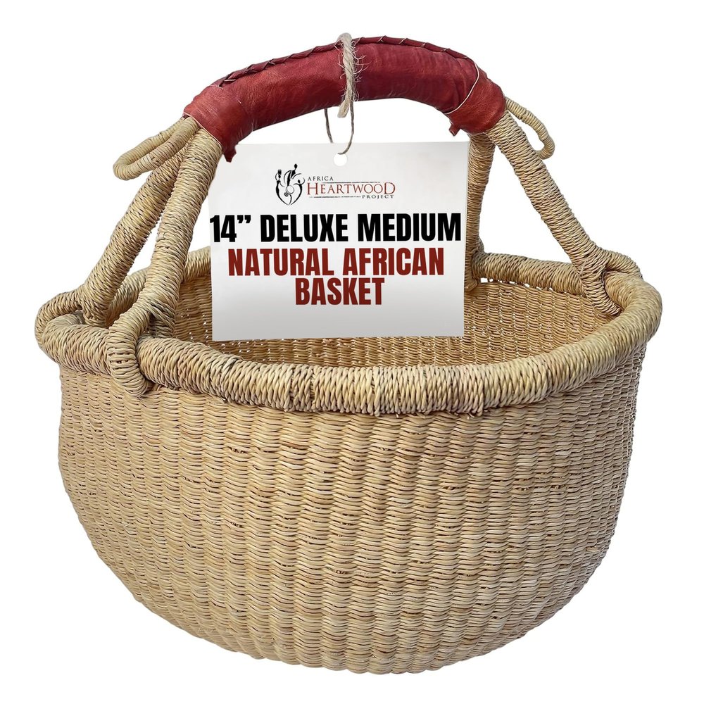 Africa Heartwood Project - Deluxe Medium Round Natural African Basket with Leather Handle - Classic Heartwood Bolga Market Basket from Women in Bolgatanga, Ghana - 14" Round Flat-packed