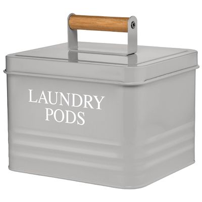 Calindiana Modern Farmhouse Metal Laundry Pods Holder Container with Lid for Laundry Room Decor and Accessories and Space Saving Laundry Room Organization and Storage, Holds 81 Laundry Pods, Grey
