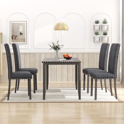 KLMM Farmhouse Rustic Dining Table Set, 5-Piece Wood Kitchen Table Set with 4 Bronze Nail-Head Trim Upholstered Chairs, Perfect Choice for Family, Small Places