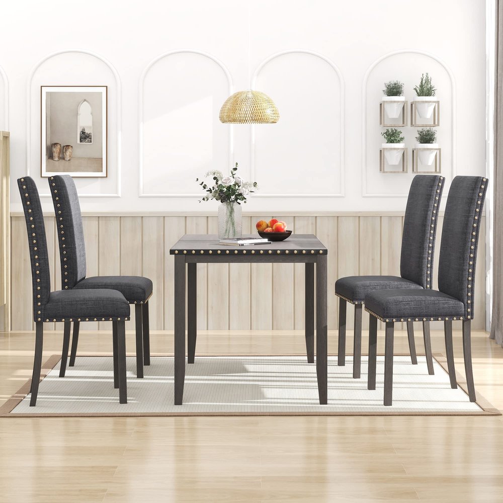 KLMM Farmhouse Rustic Dining Table Set, 5-Piece Wood Kitchen Table Set with 4 Bronze Nail-Head Trim Upholstered Chairs, Perfect Choice for Family, Small Places