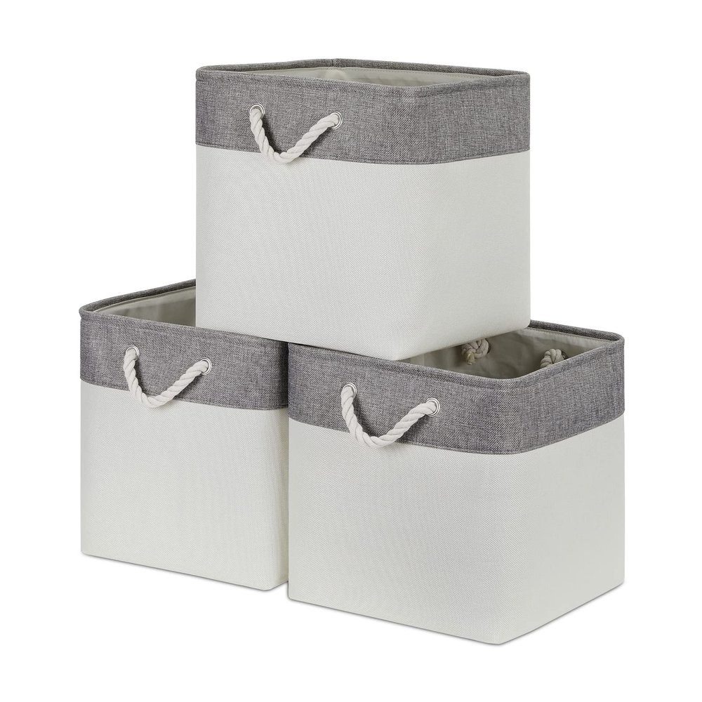 Bidtakay Fabric White Baskets for Shelves Set of 3 Cube Storage Large Organizer Bins 13x13 Closet Storage Bins for Home Office Nursery Collapsible Storage Bins for Organization