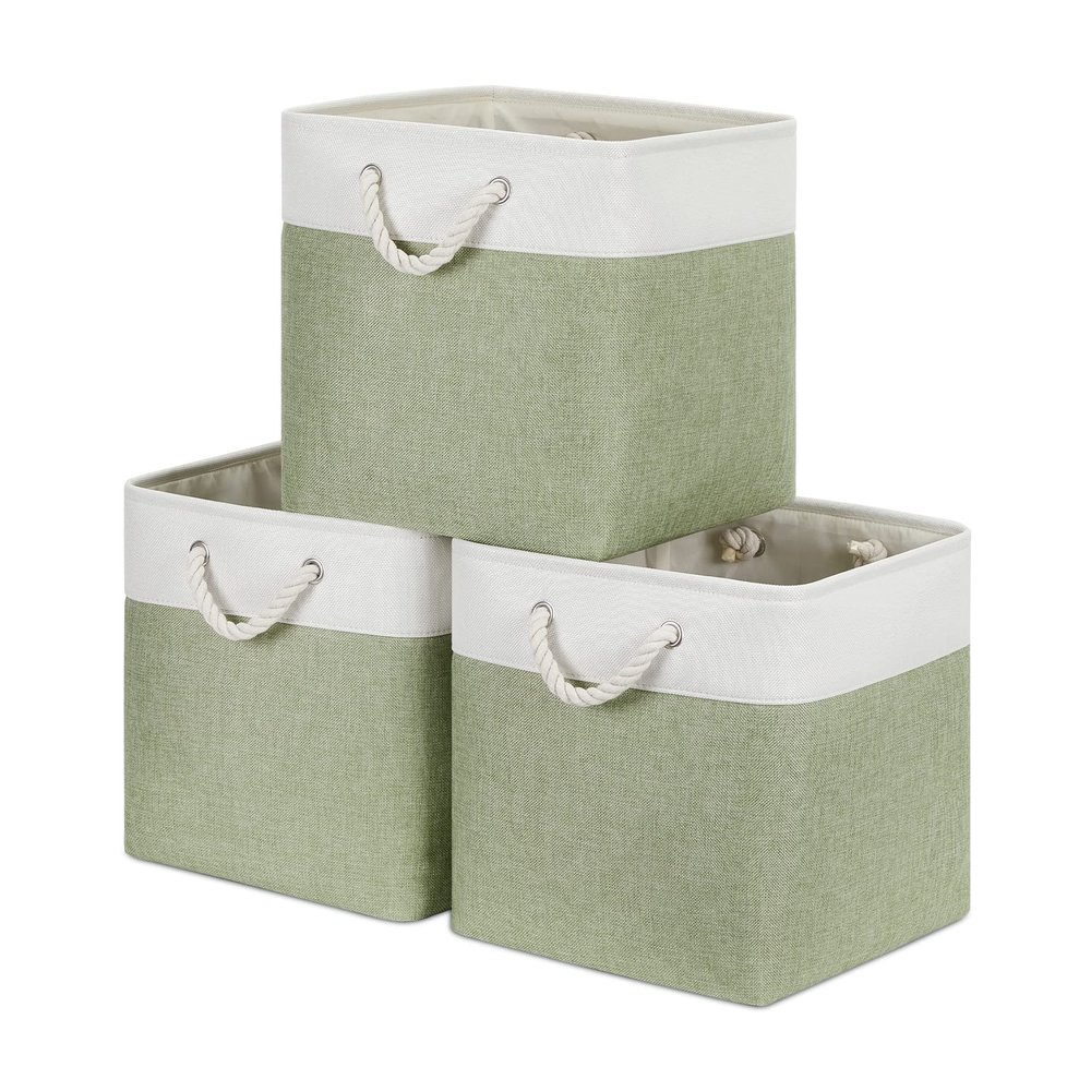 Bidtakay Cubby Storage Bins Set of 3 Fabric Baskets for Shelves Closet Drawer Organizer Storage Cubes 13x13 Collapsible Organization Baskets for Nursery Toy Shelf (White&green)